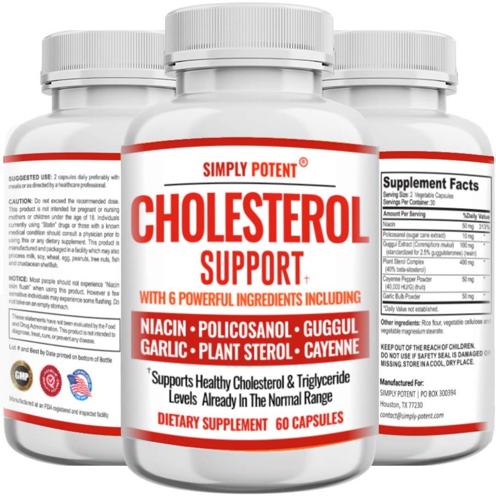 Suplemento de reducción de colesterol que funciona, soporta el colesterol alto bajo, triglicérida, LDL ' Raise HDL naturalmente, corazón sano cápsulas naturales con ajo, esterol vegetal, niacina, Guggul, 60 Ct