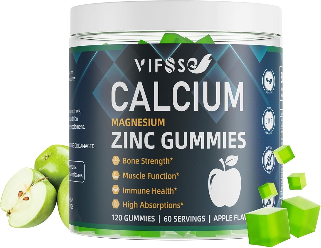 Calcio Magnesio Zinc Gummies 600mg con vitamina D3 K2, 120 Gummies de Calcio Libre de Azúcar Gummies Complejo de Alta Absorción Suplemento de calcio 70+ Trace Minerals for Bone Strength, Vegan