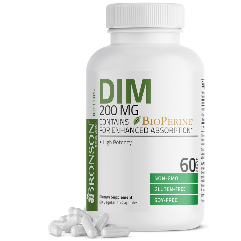 Bronson DIM 200 MG Suplemento Diindolymethane with BioPerine for Enhanced Absorption, Estrogen Metabolism & Maintains Balanced Hormone Levels, 60 Vegetarian Capsules