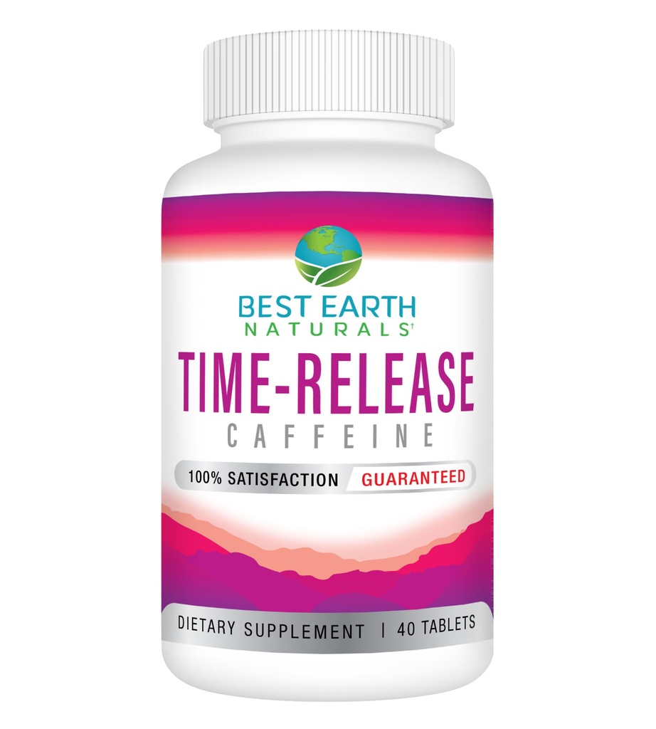 Best Earth Naturals Time Release Caffeine with L-Tyrosine, Vitamina B6, Vitamina B12, Thiamin &amp; More - Energy Supplement for Women and Men - 40 Count