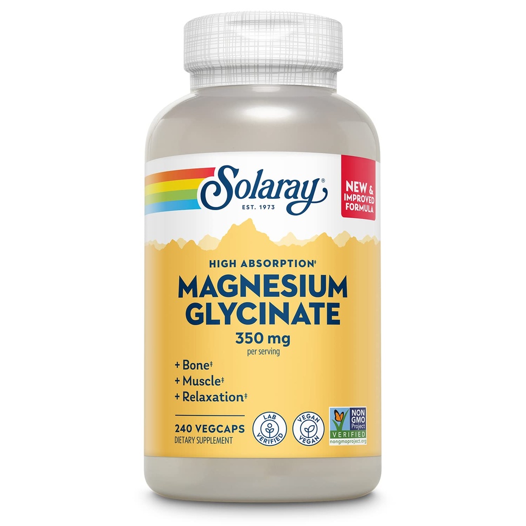 Solaray Magnesium Glycinate, Nuevo &amp; Completamente Chelated Bisglycinate with BioPerine, High Absorption Formula, Estrés, Huesos, Muscle &amp; Relax Support, 60 Day Guarantee, 60 Servings, 240 VegCaps