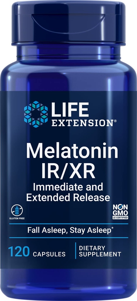 Extensión de la vida Melatonin IR/XR 120 cápsulas - Inmediata &amp; 7 horas Extended-Release - Suplemento del tiempo de la noche - Apoyos Mantenerse dormido - No GMO, Libre de gluten