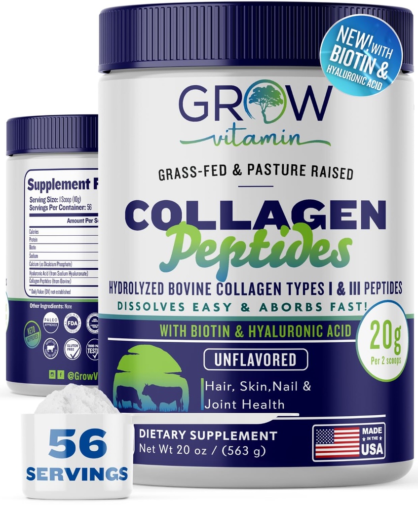Collagen Peptides Powder 20g con ácido hialurónico " Biotina - Polvo colágeno sin sabor con suplementos de colágeno tipo I " III - Pelo, uñas, piel " Soporte conjunto - 56 Servimientos