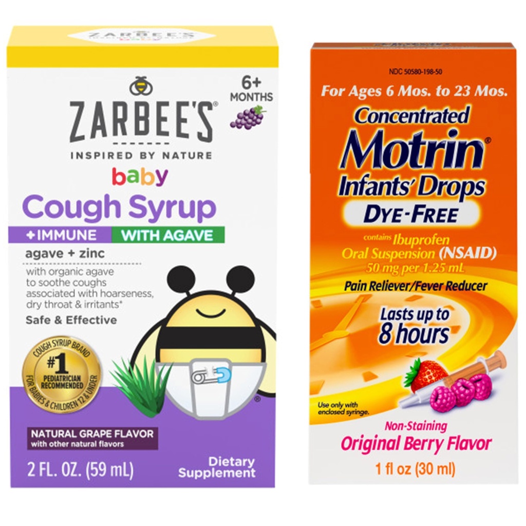 Motrin y Zarbee’s Essentials for Infants' Concentrated Liquid Medicine Drops with Ibuprofen and Zarbee's Baby Cough Sy Syrup + Immune with Organic Agave + Zinc