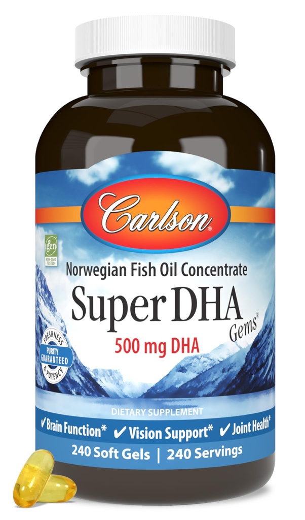 Carlson Super DHA Gems - 500 mg DHA Suplementos, 640 mg Fatty Acids, Norwegian Fish Oil Concentrate, Wild-Caught, Sustentably Sourced Fish Oil Capsules, 240 Softgels