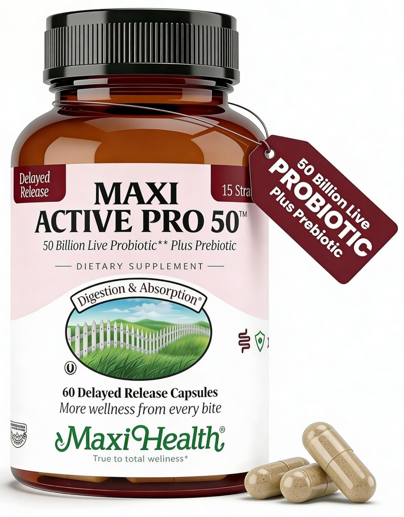 Maxi Health Probiotic Plus Ultimate Prebiotic Advanced Live Probiotics Fórmula - 50 Billion Live Active Probiotic - 15 Strains - Ultra Protection - Active Pro-50-60 Count