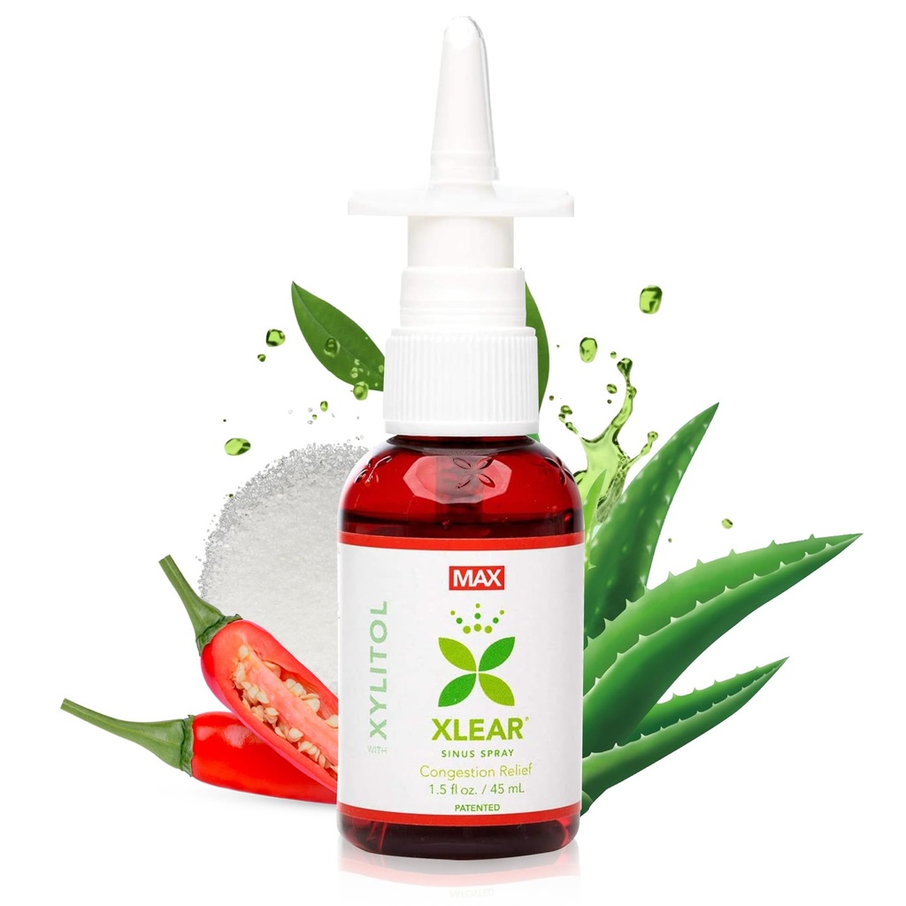 Xlear MAX Natural Xylitol Saline Nasal Spray con Capsicum y Aloe - Actuación rápida para la presión de Sinus, Decongestant, Dolor de cabeza, nariz seca, 1,5 oz (Pack de 1)
