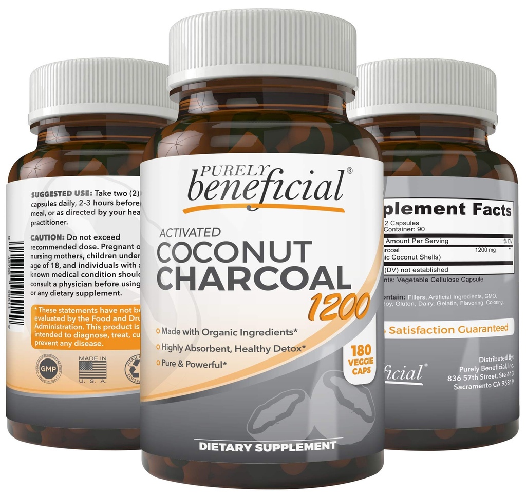 Carbón de coco activado 1200mg, 180 cápsulas - Píldoras para sistema digestivo, Bloating, Vegan (1 botella)