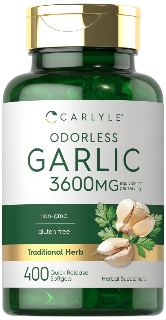 Carlyle Odorless Ajo Softgels 3600 mg  400 Cuenta ← Allium Sativum Bulb Silencio No GMO, Gluten Suplemento gratuito