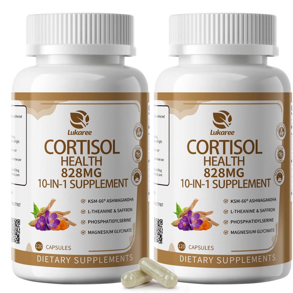 Suplementos de 10-IN-1 Cortisol con Magnesio, Ashwagandha, Chamomile, L-Theanine, Phosphatidylserine, la hierba de San Juan, Astragalus, Vitamina C & D3, Para Mujeres Hombres, 240 cápsulas Veganas durante 4 meses, No GMO