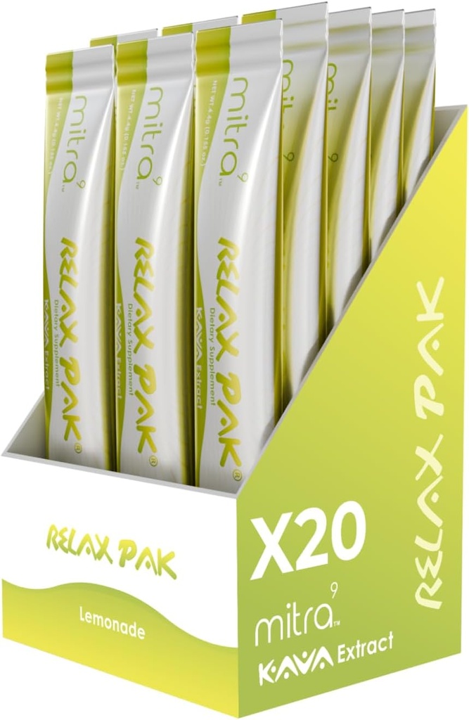 Mitra9 Kava Powder RelaxPak - Lemonade Kava Extract Powder Packets ← Mood Enhancer Silencio basado en plantas promueve la calma natural y la claridad ← Easy Open Single-Serving Stick (20)