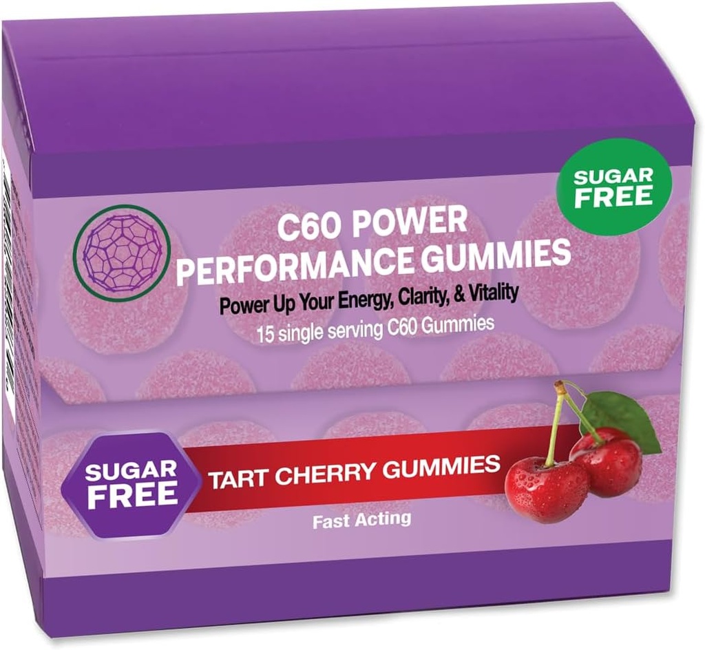 C60 Power Gummies, 1 Box of 15 Servings Sugar-Free Tart Cherry - 99.99% Pura, Sublimada C60Carbon Fullerenes y Orgánica Coconut Oil, Made in The USA, Supports Energy & Mental Clarity