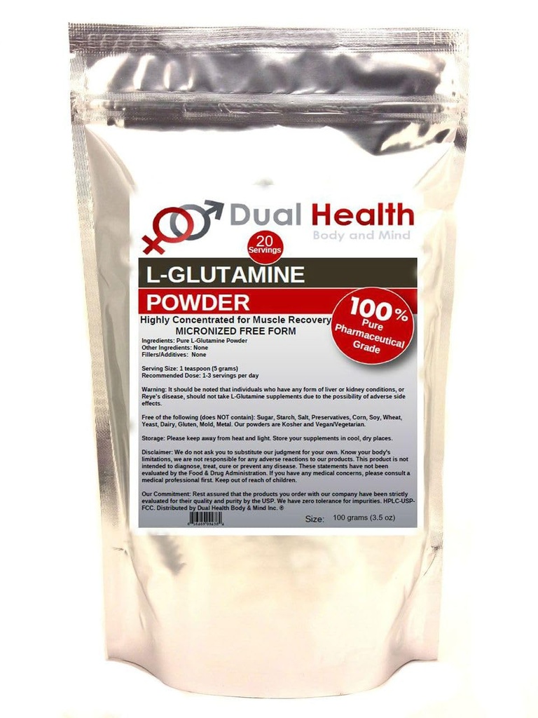 L-Glutamina (100 gramos -3.5 oz) Pure Powder 5000mg Suplementos a granel de forma gratuita, fabricados en EE.UU., Immune Digestion GI Support Leaky Gut Health Muscle Energy Stamina Endurance Strength