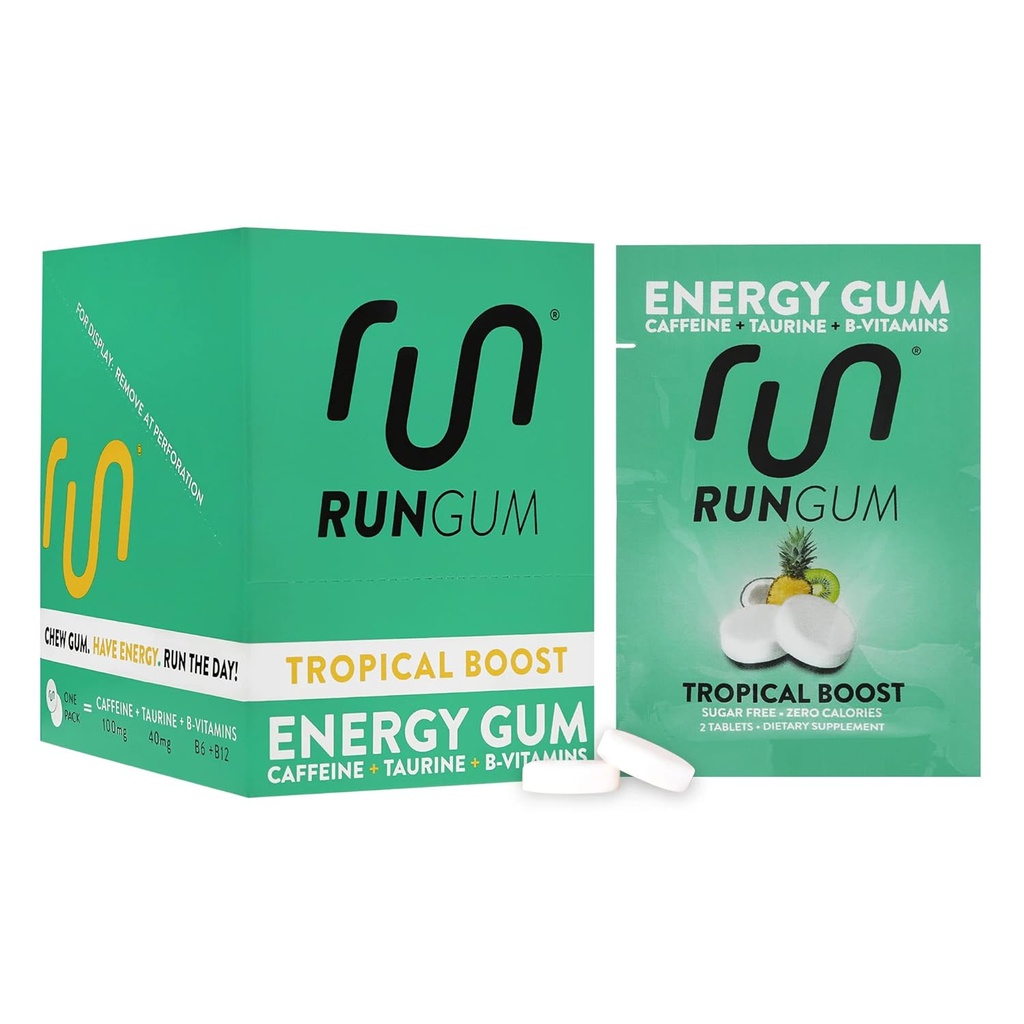 RUN GUM Tropical Boost Energy Chewing Gum 50mg Caffeine Taurine & B-Vitamins Por Piece, 24 piezas (Pack of 12) Sugar Gratis, Zero Calorie, No Aspartame y Gluten Gratis, 1 ea