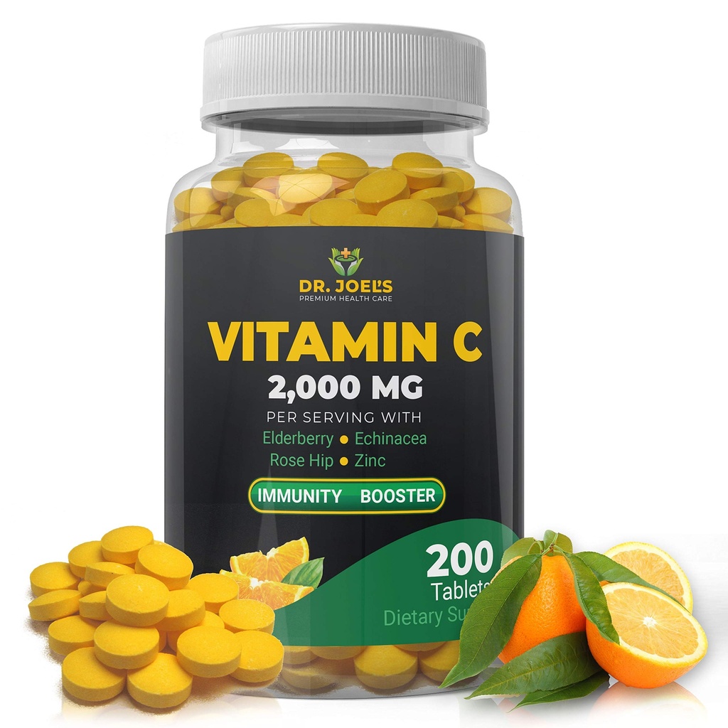 Dr. JOEL'S Immune Support Vitamin C 2000 mg - 200 Tablets - con Zinc, Elderberry, Rose Hip, Echinacea - Boost Immune System- Made in USA