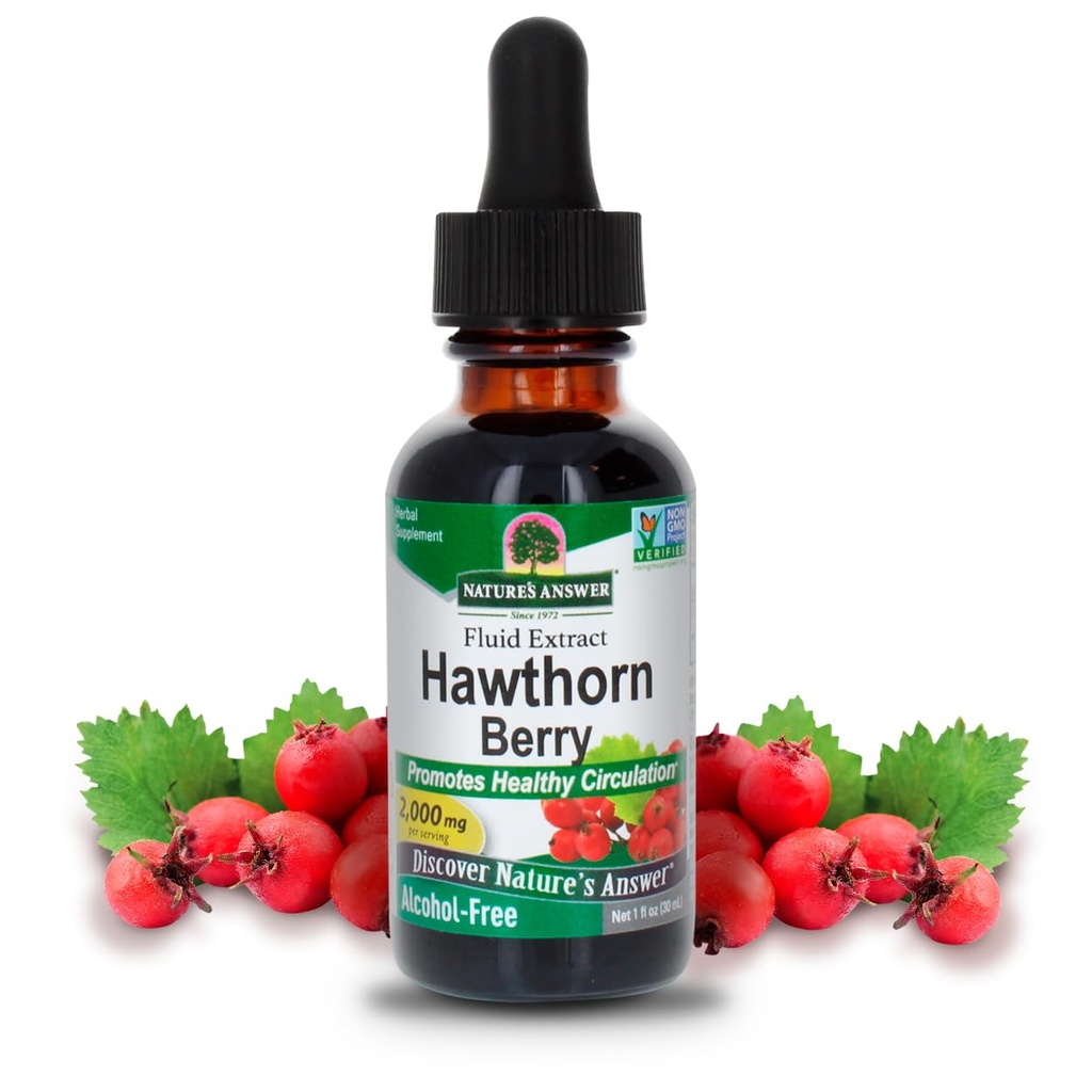 Respuesta de la naturaleza Hawthorn Berries ← Promueve la función de circulación saludable ¦ Ayuda a mantener los niveles saludables del colesterol viv Gluten-Free, Alcohol-Free, Kosher Certified " No Preservatives 1oz