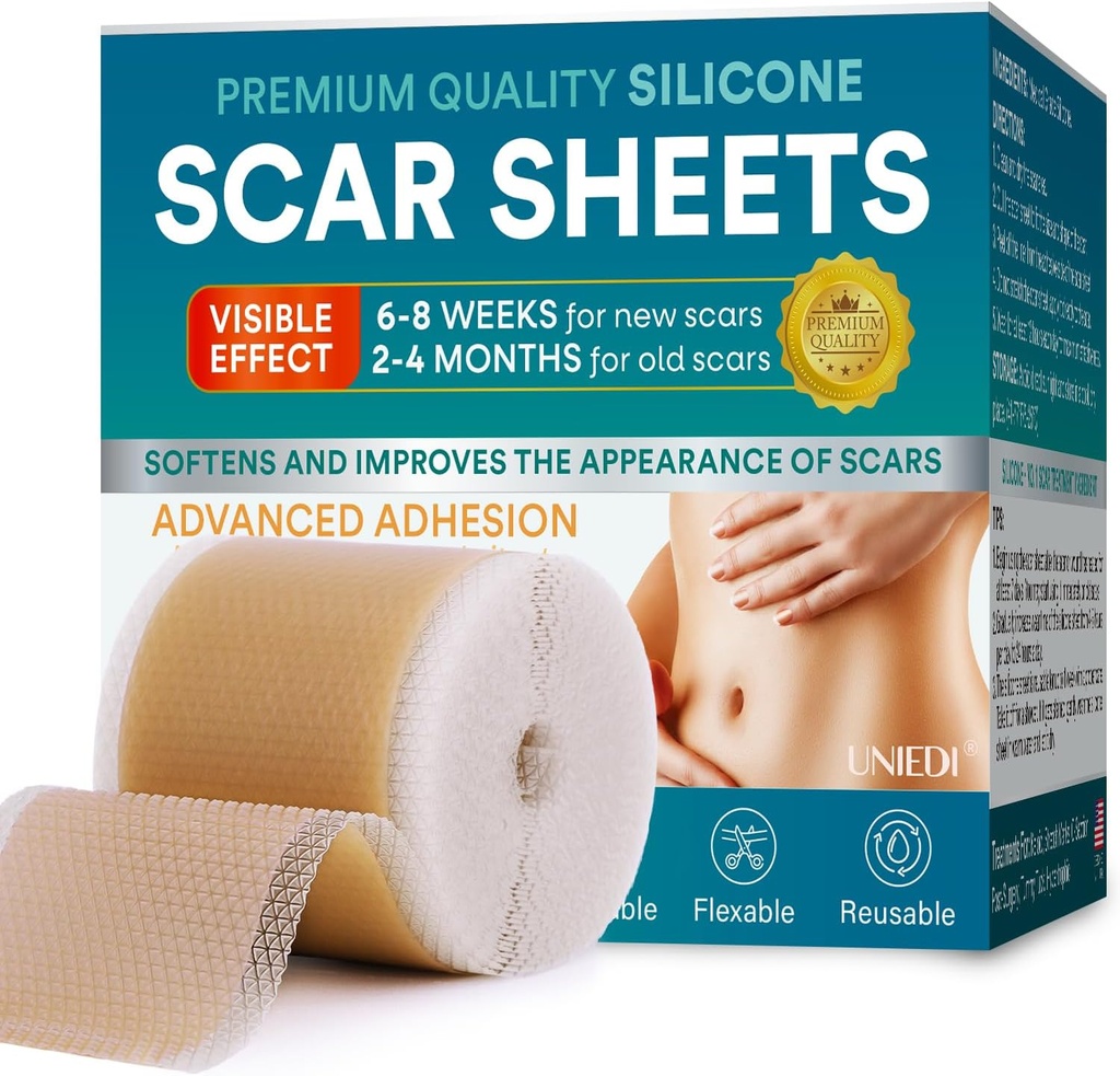 Hojas de cicatrices de silicona, cinta de cicatrices de silicona(1.6"x 120" Roll-300CM), cinta de silicona para cicatrices, cinta de cicatriz para cicatrices quirúrgicas, tiras de silicona para la detección de C, tummy Tuck, Keloid y cicatrices quirúrgicas