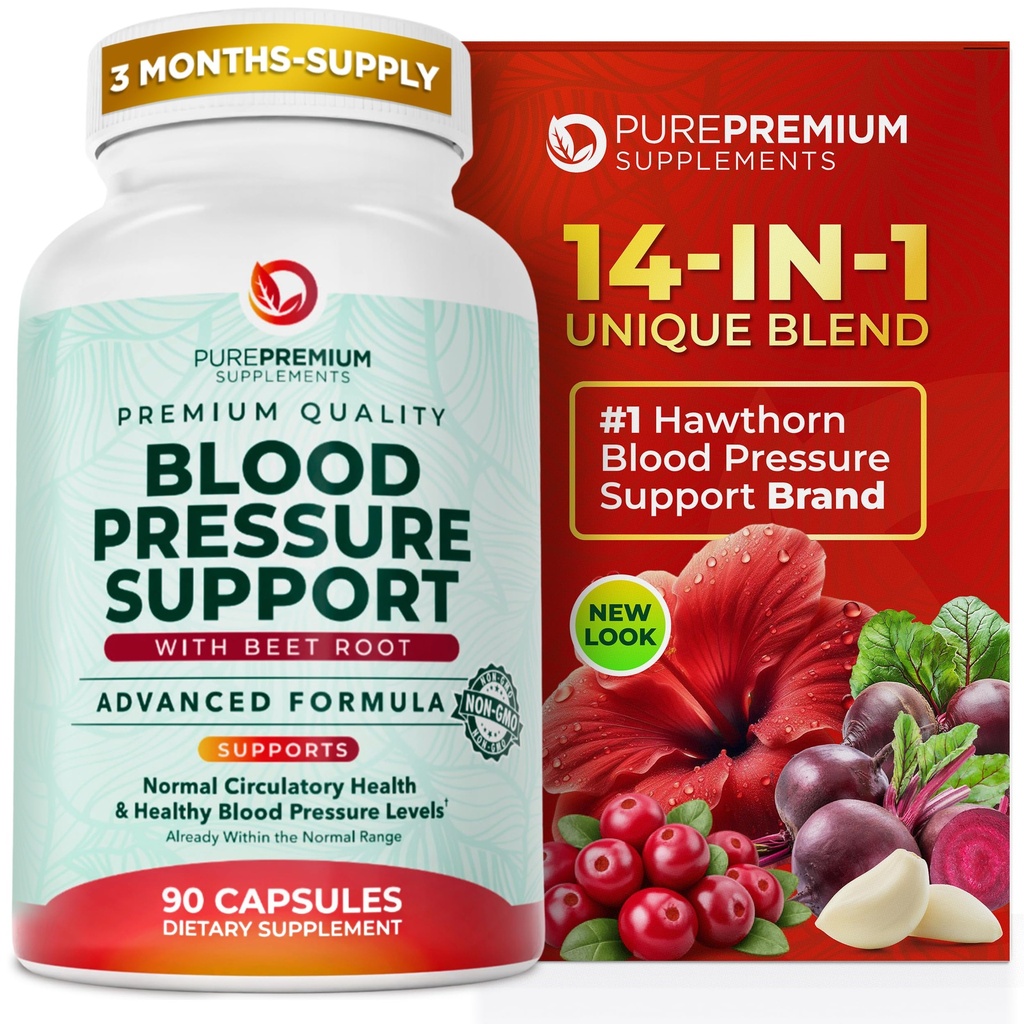 PurePremium Beet Root Capsules for Blood Pressure Support – 700mg Advanced Formula with Beetroot Powder, Hawthorn, Hibiscus &amp; Ajo for Normal Nitric Oxide Production & Heart Health – Non-GMO - 90ct