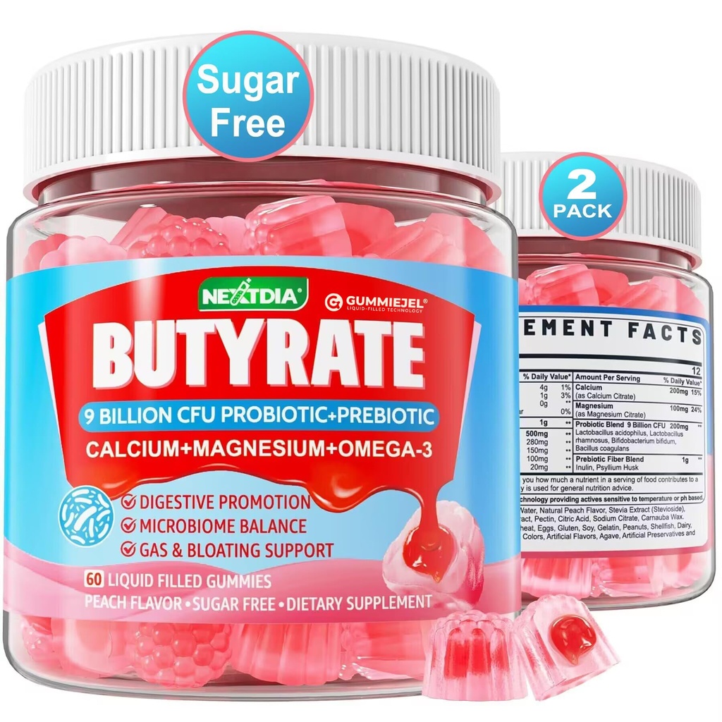 Butyrate Gummies with Probiotic + Prebiotic + Postbiotic, Omega-3 500mg,9 Billion CFU Probiotics with Fiber, Calcium &amp; Magnesium, Inulin,Psyllium Husk for Digestive Health,Bloating Support,Sugar Free