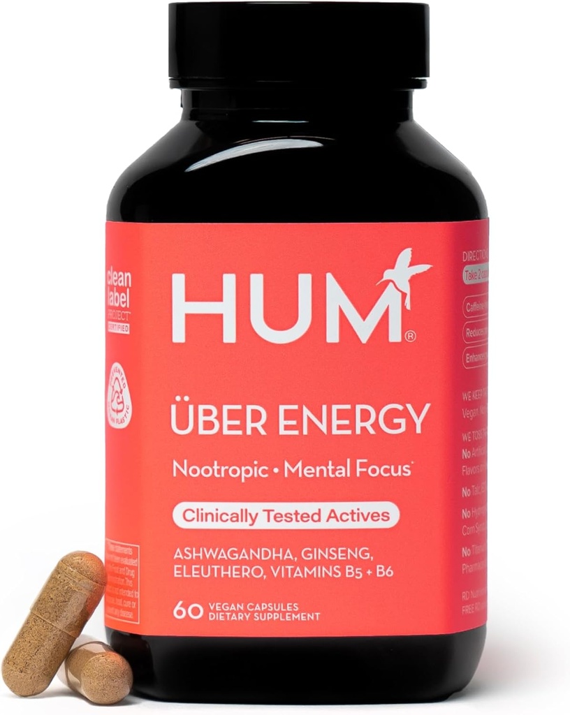 HUM Uber Energy Adrenal Energy Support Suplemento con Ashwagandha Root, Ginseng, B Vitaminas, Vitamina B6, B5, y Adaptógenos, Suplementos para la Fatiga Adrenal Support, 60 cápsulas Vegan