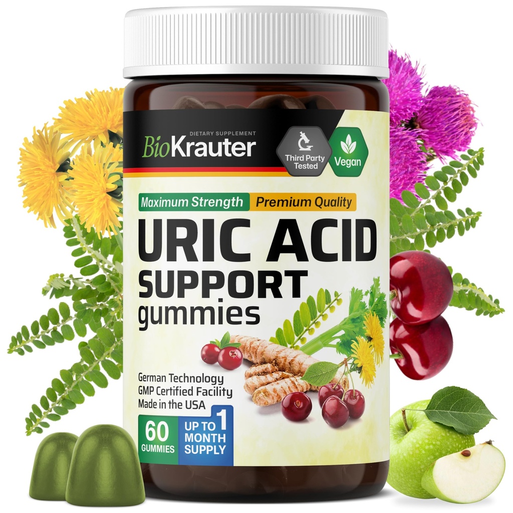 BIO KRAUTER Uric Acid Support Gummies - 60 Chews Vegan - Uric Acid Support w/Tart Cherry &amp; Chanca Piedra 4:1 Extractos - Suplemento Natural Kidney w/Milk Thistle and Turmeric