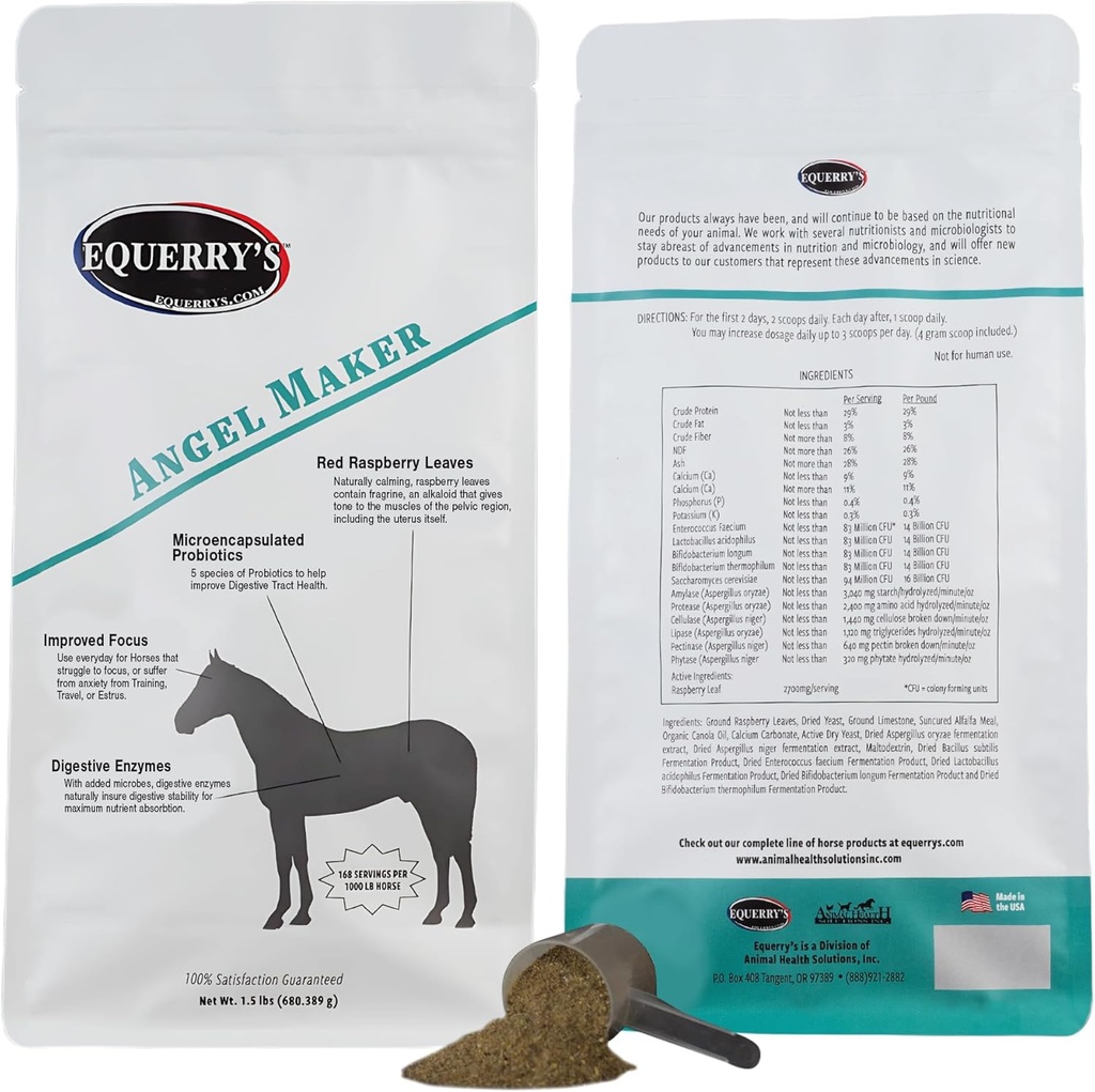 Equerry's Angel Maker, Raspberry Leaf, Microencapsulated Probiotics Supplement for Horse Ulcer Treatment " Digestive Health Calmness " Focus, 1.5lb.