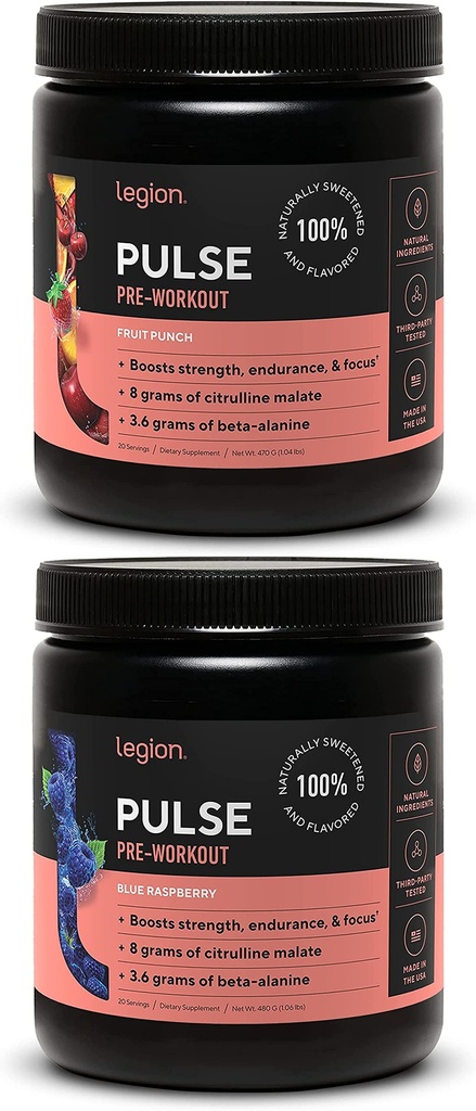 LEGION Pulse Pre Workout Supplement - All Natural Nitric Oxide Preworkout Drink to Boost Energy, Creatine Free, Naturally Sweetened, Beta Alanine, Citrulline, Alpha GPC (Fruit Punch &amp; Blue Raspberry)