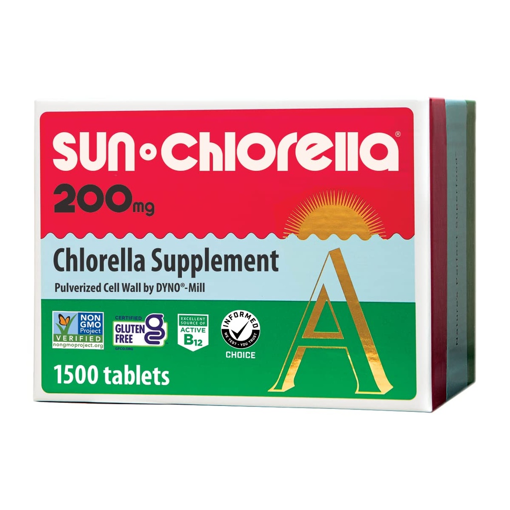 Sun Chlorella 200 mg Green Algae Superfood Supplement - Pulverized Cell Wall - Chlorophyll, CGF, Active B12, Iron, Protein - Non-GMO - 1500 Cuadros