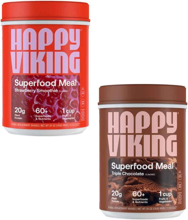 Happy Viking Chocolate y Strawberry Powder, por Venus Williams, 20G Protein, Low Carb, Keto, Vegan, Gluten-Free, Superfoods, Complete Meal Replacement, 2 Canisters (24 oz. Cada uno)