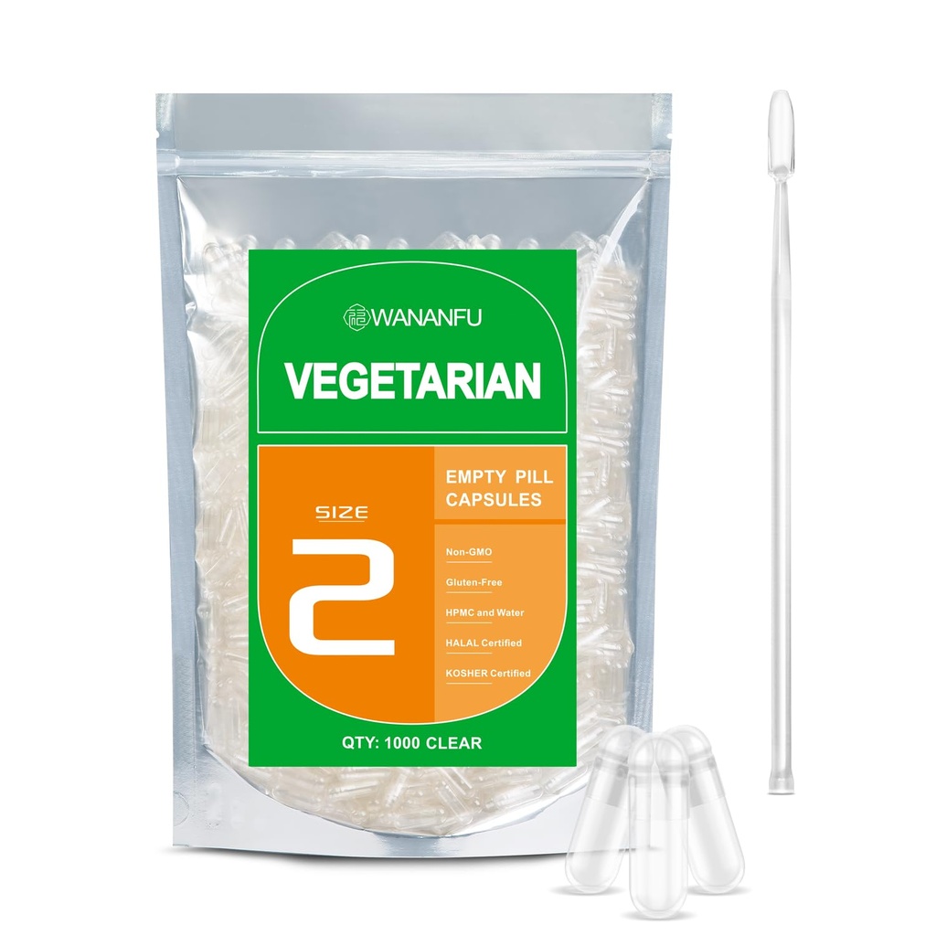 wananfu Tamaño 2 Empty Capsules Vegetariano (500 Conde) Agrupo con 2 cucharas de laboratorio, Cucharillas de verduras limpias Tamaño 2 para hacer sus propios suplementos