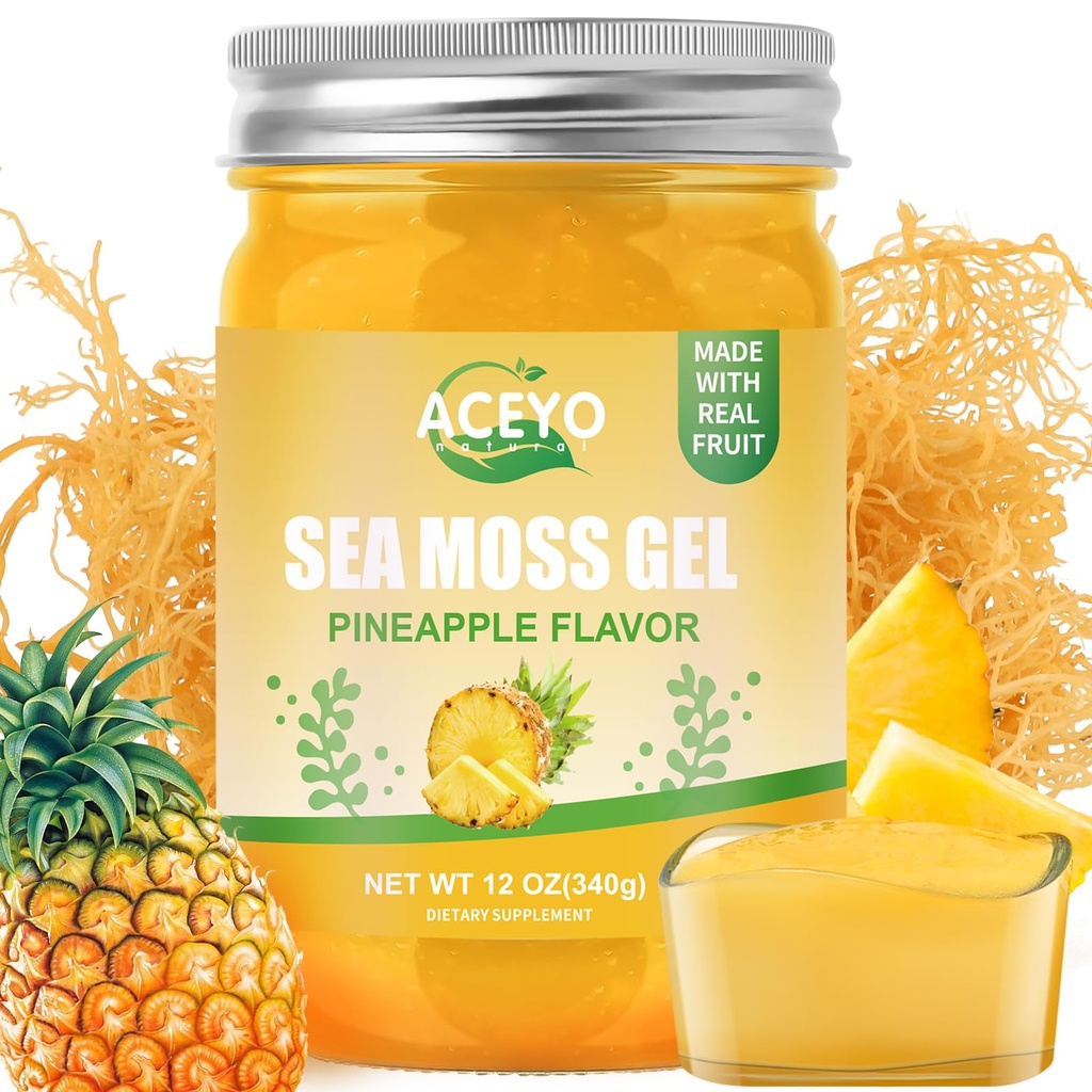 ACEYO (12 OZ Irish Sea Moss Gel Raw Vegan Pineapple Flavor 102 Vitaminas y Minerales Wild Harvested Non-GMO Immune Defense Booster Thyroid Digestive Support