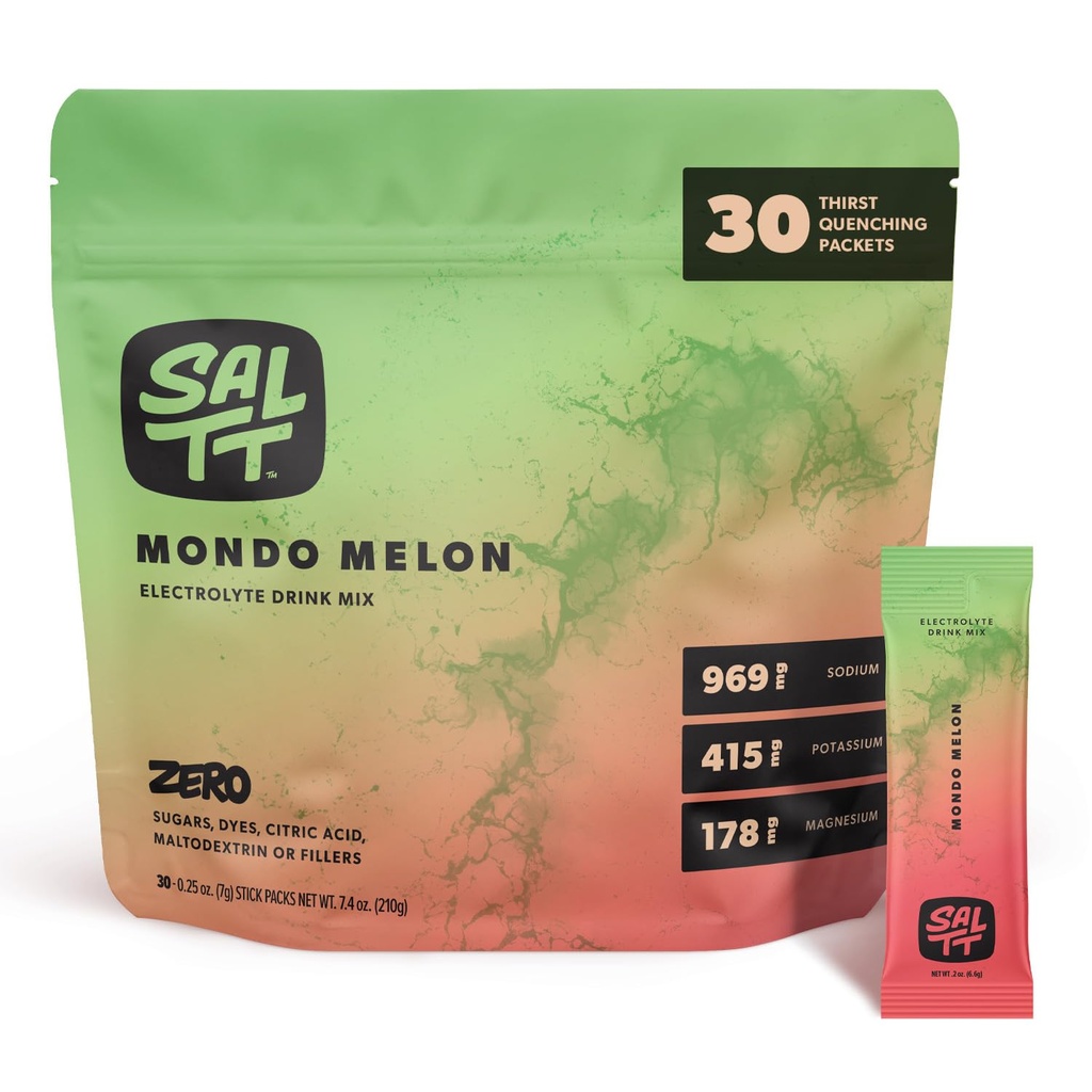 SALTT Electrolytes Powder Flavored Drink Mix - Mondo Melon - 30 Hydration Packets - Magnesium, Potassium, Sodium, Trace Minerals - Zero Sugar & Gluten Gratis - Travel Essentials