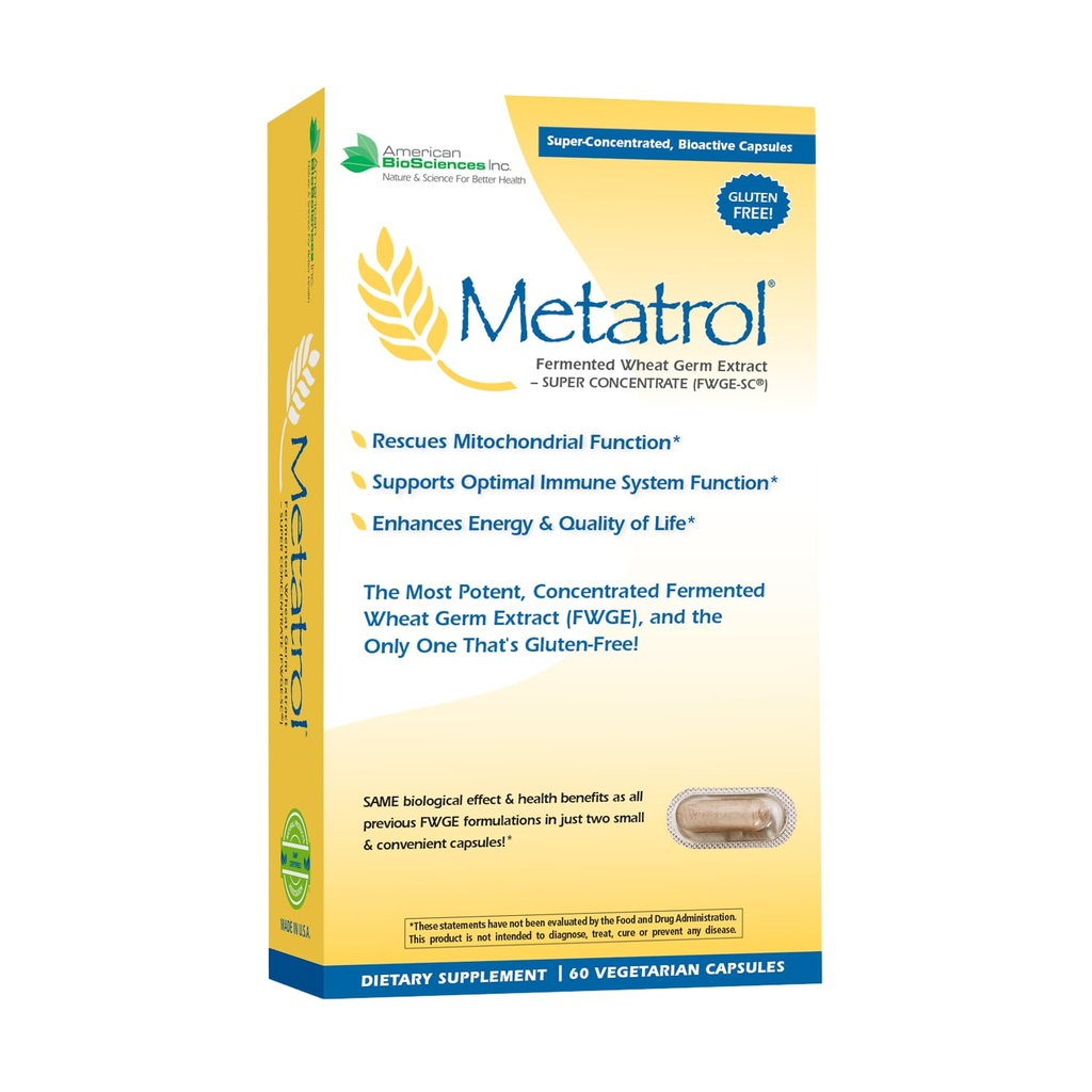 American BioSciences Metatrol Fermented Wheat Germ Extract - Immune &amp; Mitocondria Support for Renewed Vitality & Enhanced Energy - Gluten Free - 60 Vegetarian Capsules, 41mg