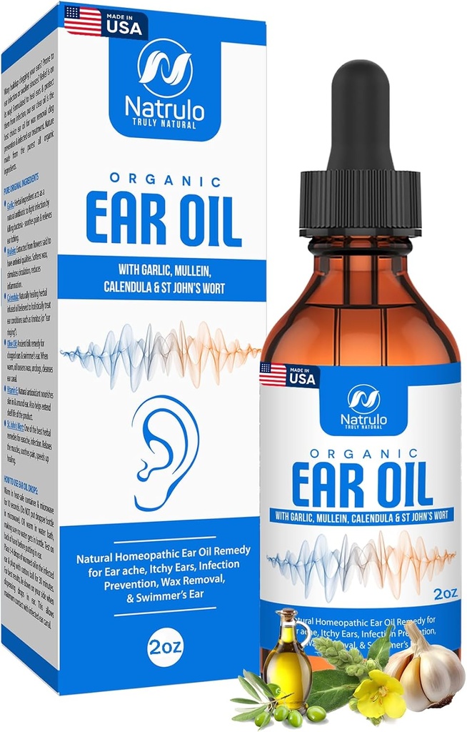 Aceite de oído ecológico para la infección del oído - Natural Eardrops for Earache Prevention, Swimmer's Ear &amp; Wax Removal - Niños, Adultos, Bebé, &amp; Dog Earache Remedy - con Mullein, Ajo, Calendula Made in USA (2 Oz)