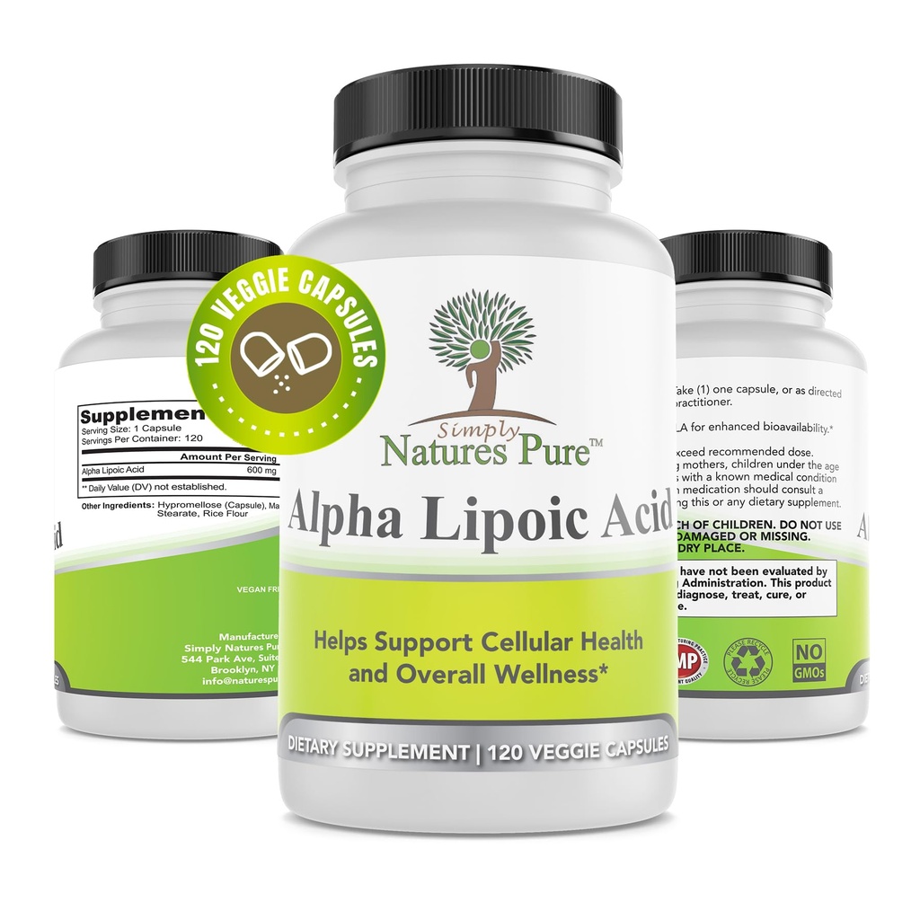 Simplemente Naturalezas Pure Alpha Lipoic Acid 600mg 120 Veggie Capsules, Non-GMO Thioctic Acid 4 Month Supply
