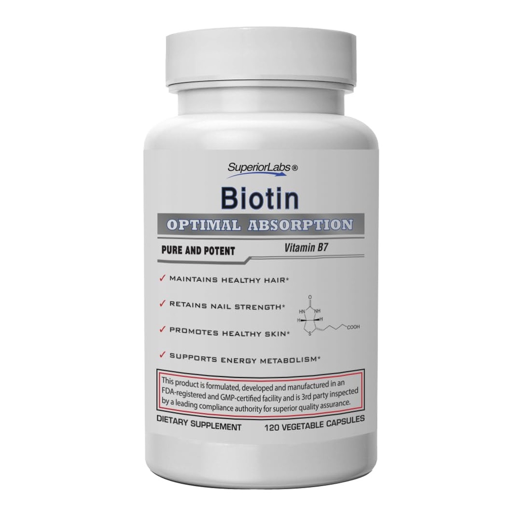 Laboratorios Superiores – Mejor suplemento natural de Biotina NonGMO – para cabellos y pestañas más largos Luscious – uñas más fuertes – Esquí saludable – Booster energético – Peso saludable - 5000 mcg, 120 Caps vegetales