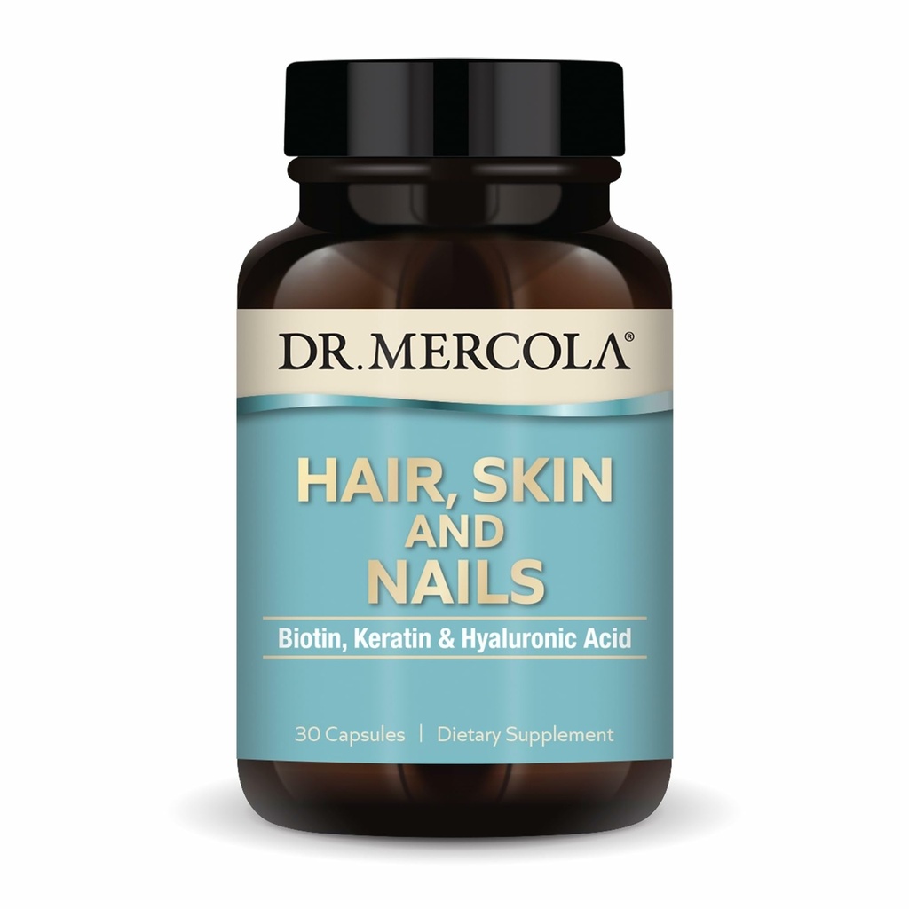 Dr. Mercola Hair, Skin and Nails - Proporciona Biotina, Keratina & Ácido Hialurónico - Calidad Premium - Apoya el envejecimiento saludable - No GMO, libre de gluten &amp; libre de soja - 30 cápsulas (30 piezas)