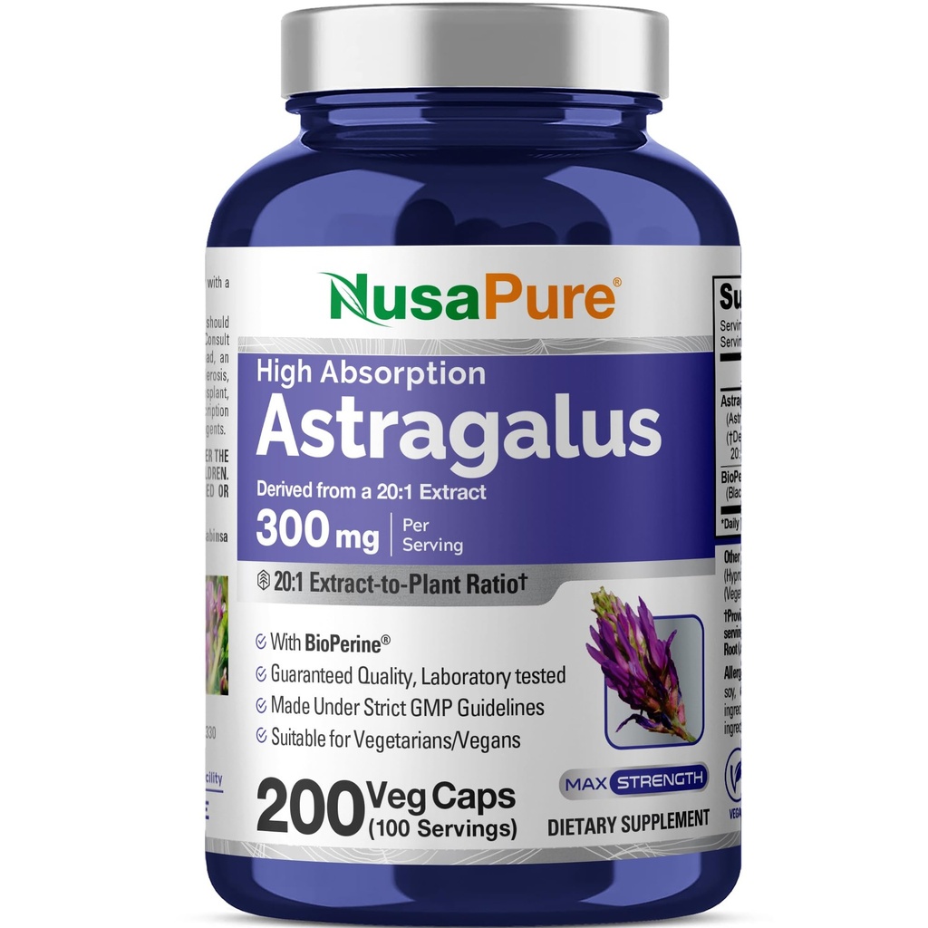 NusaPure Astragalus 20:1 Extracto, 300 mg Equivalente a 6.000 mg Por Serving, 200 cápsulas vegetarianas, no GMO &amp; Bioperina
