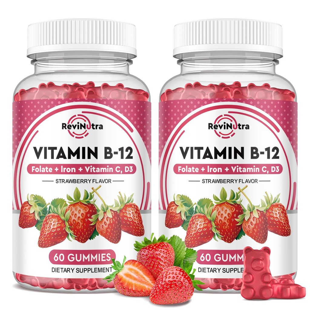 Vitamina B12 Complejo Gummies - 5000 mcg Metilcobalamina con Hierro, Vitamina C, D3 &amp; Folate, Energy Support &amp; Metabolism, Immune, B-12 Suplemento Chewable para Hombres &amp; Mujeres, Strawberry Flavor, 2 Pack