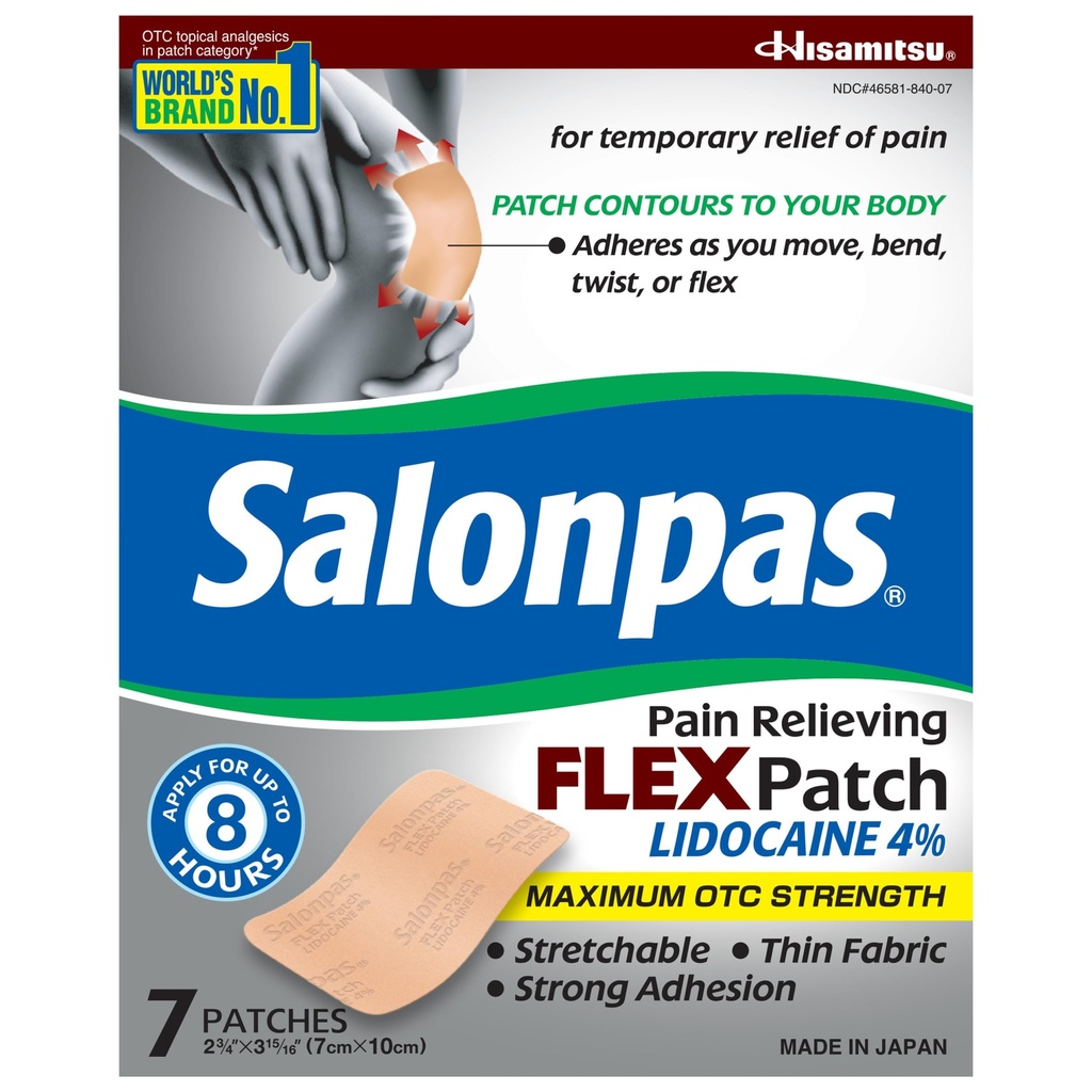 Salonpas Maximum OTC Strength Lidocaine 4% Pain Relieving FLEX Patch, Aplicar hasta 8 horas, No centrado, Thin, Flexible, Ligero, Patch Stays in Place, 7 Patches