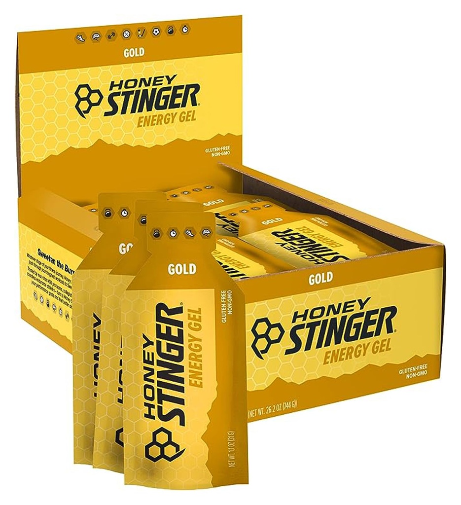 Honey Stinger Gold Energy Gel, Gluten Free &amp; Caffeine Free, para el ejercicio, funcionamiento y rendimiento, la nutrición deportiva para el gimnasio, el entrenamiento previo y medio, 24 Pack, 26.4 Ounce