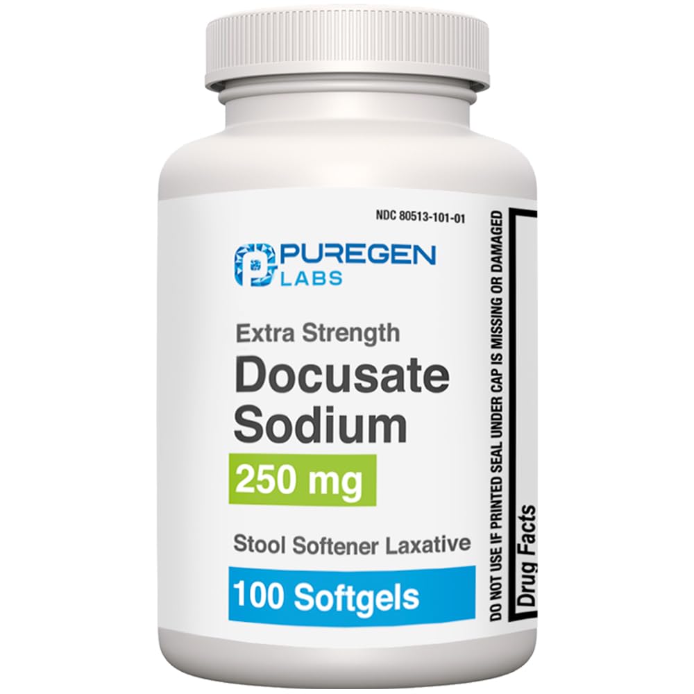 Puregen Labs Docusate Sodium 250mg Stool Softener Laxative TEN 100 softgels ← Gentle Constipation Relief ← Extra Strength ← Stimulant Free