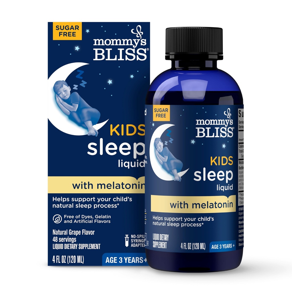 Mami's Bliss Kids Sleep Liquid with Melatonin & Calming Herbs  Melatonin for Children 3 Years &amp; Up ← Grape Flavor ← Sugar Gratis 4 Fl Oz (60 Servings)
