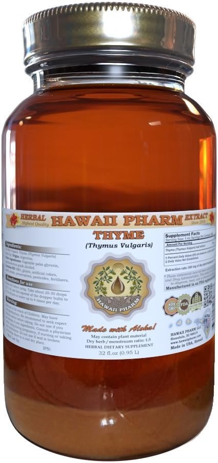 Thyme Liquid Extract, Organic Thyme (Thymus Vulgaris) Tincture, Herbal Supplement, Hawaii Pharm, Made in USA, 32 fl.oz