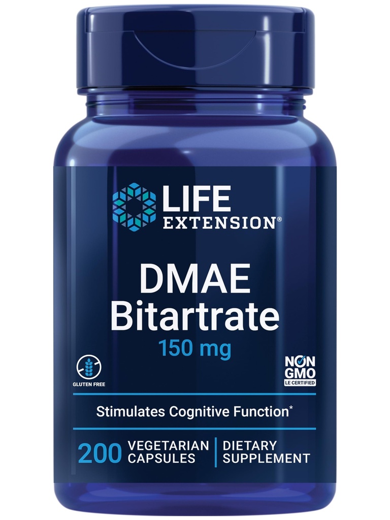 Extensión de vida DMAE Bitartrate, soporta la producción de neurotransmisores, 6 meses de suministro, libre de gluten, no transgénico, vegetariano, 200 cápsulas