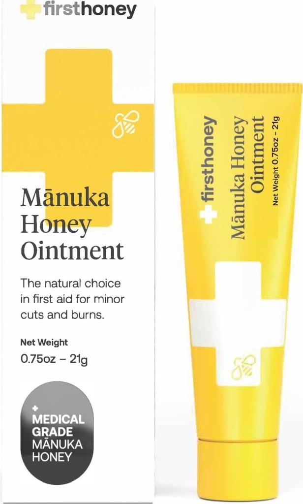 FIRST HONEY Manuka Wound Ointment [.75oz - 21g] Silencio Rápida Reparación de Heridas Gel Silencio rápido para la piel > Quemaduras Silencio Manuka Honey de Nueva Zelanda ← Antibiótico Free Burn Care, Scar Gel, Dressing Aid