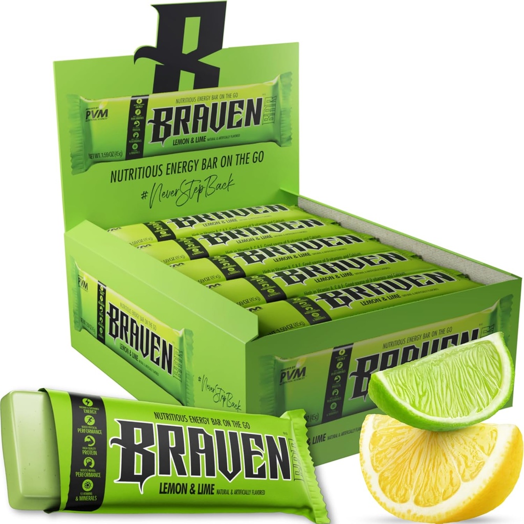 Bar Braven Bar Lemon Lime Energy Bar (1.59 oz, Pack of 20) – Energy Chews with 5g Protein – On-the-Go Energy Snacks for Running, Hiking, and Sports - Gluten Free Snacks for Sustained Energy Boost