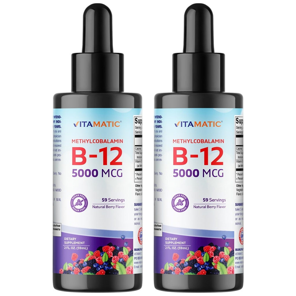 Vitamatic 2 Packs Fast Acting Liquid Vitamin B12 5000 mcg (Methylcobalamin) - Natural Berry Flavor - Suplemento Sublingual - Faster Absorption - 2 OZ