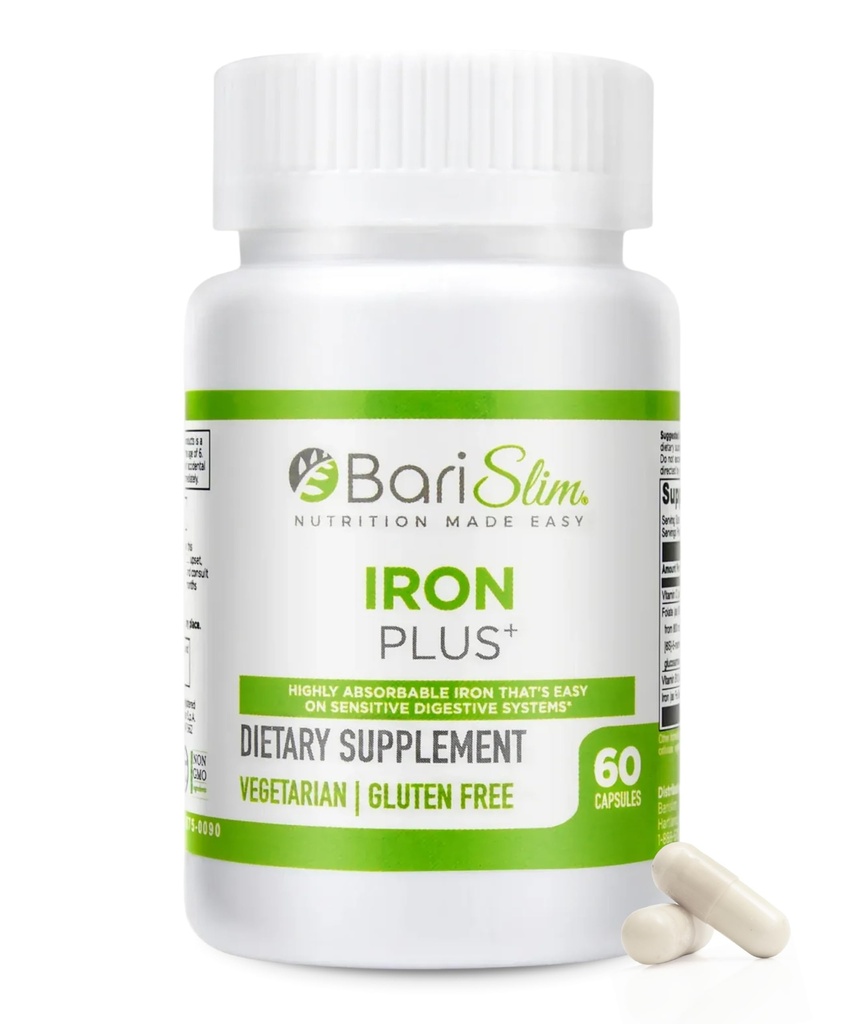 BariSlim Iron Plus Capsules - Formulado para pacientes después de la pérdida de peso Cirugía incluyendo bypass gástrico &amp; Sleeve gástrico – Fácil digestión &amp; Soporte integral de salud Ø 2 Month Supply (60 Servings)