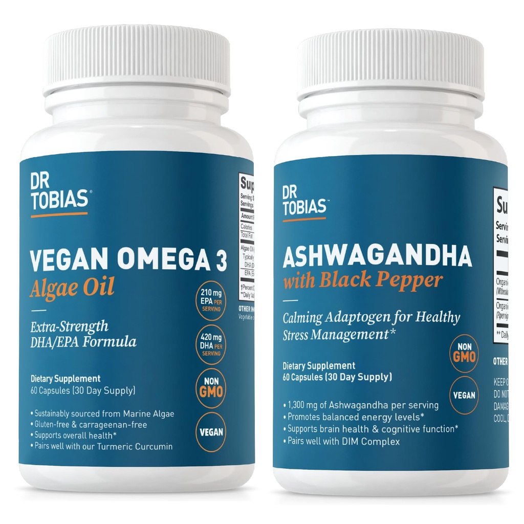 Dr. Tobias Vegan Omega 3 Algae Oil and Ashwagandha Capsules, Supports Resilience, Immune Health, and General Wellness, Non-GMO, Vegan
